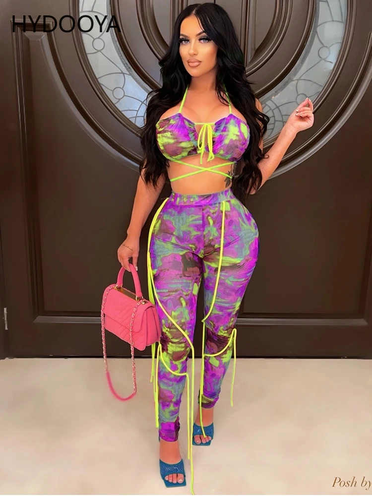

Tie Dyeing Print Two Piece Pant Sets Halter Backless Crop Tops+Ribbons Splicing Legging Sweatsuit Summer Sexy Outfits for Woman