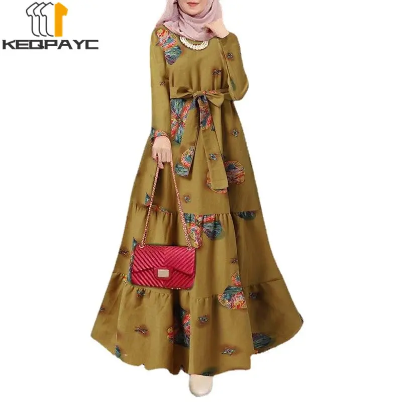 Muslim Women Dubai Abaya Cotton Linen Long Dress Kaftan Islam Arab Vintage Print Dresses with Belt Robe Middle East Eid Clothing