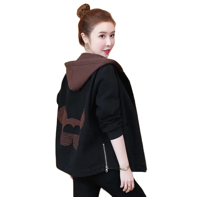 

Embroidered Denim Jacket Women Spring Autumn Casual Long Sleeve Short Jean Jacket Streetwear Korean Loose BF Hooded Outerwear 40