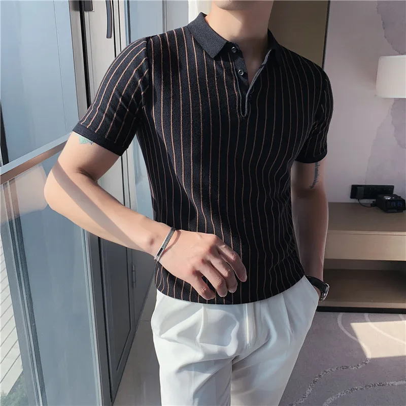 

2023 summer Polo shirt men's fashion color-blocking stripes slim-fit stretch knitted Polo male Lapel short sleeved T-shirt Golf