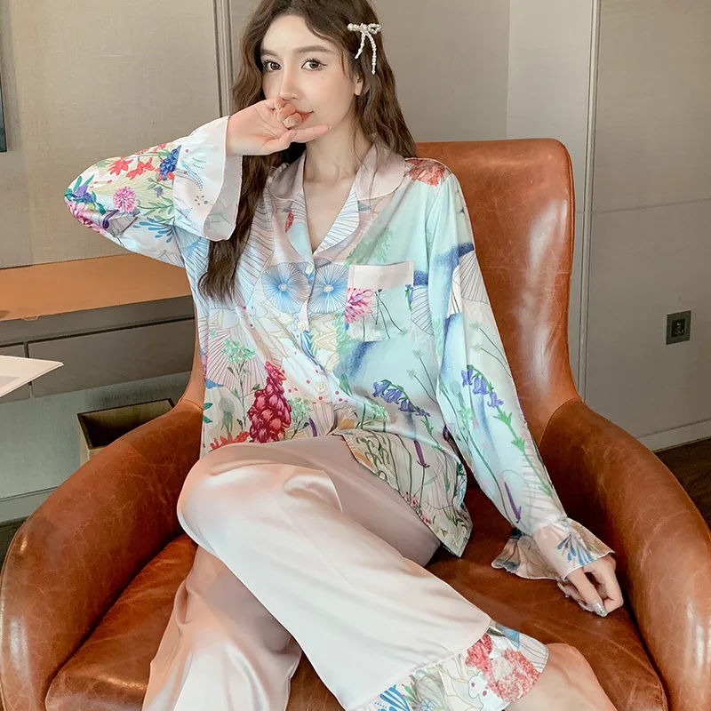 Autumn 2023 Floral Pajamas Women's Silk Long Sleeve Floral Frill Two-Piece Set Thin Homewear Suit