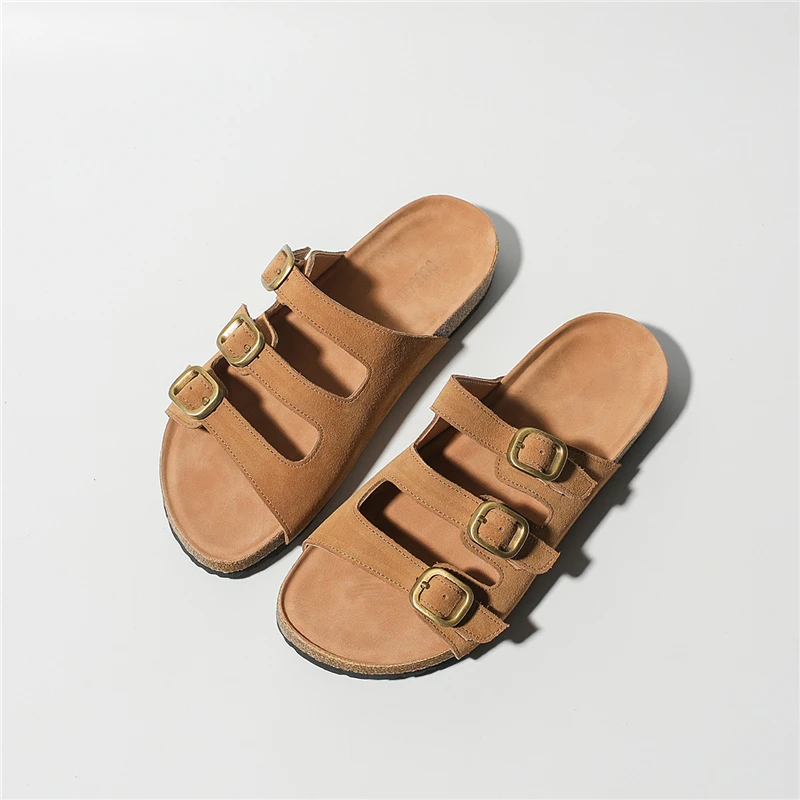 Real Leather Women Suede Slippers Summer Soft Cork Buckle Flip Flops Women Casual Woman Shoes Sandals