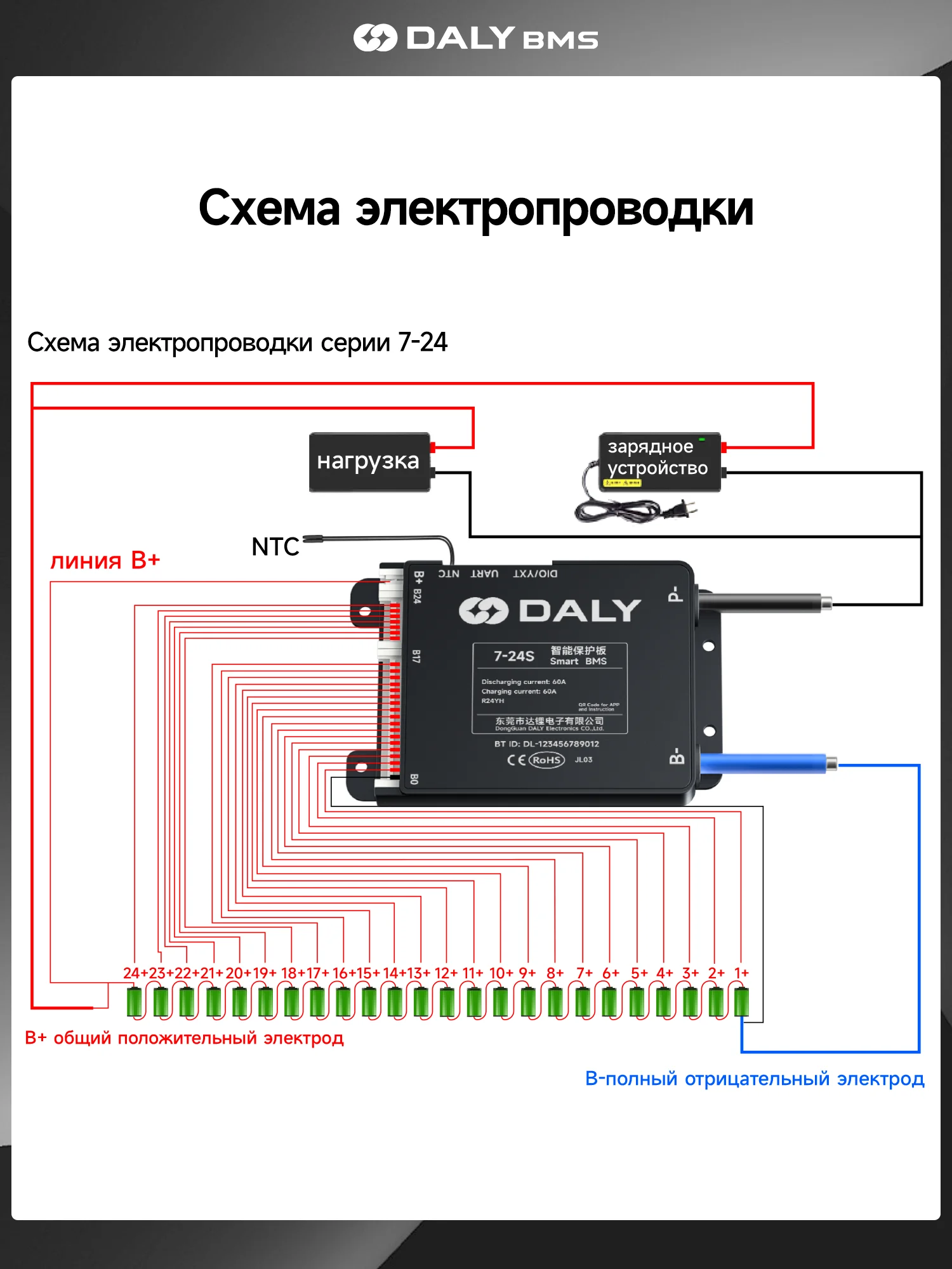 Фото Умная BMS Daly Bluetooth 4S-24S (60A, 100A, 120A) для LiFePO4 3.2V, Li-Ion 3.7V, LTO аккумуляторов №5