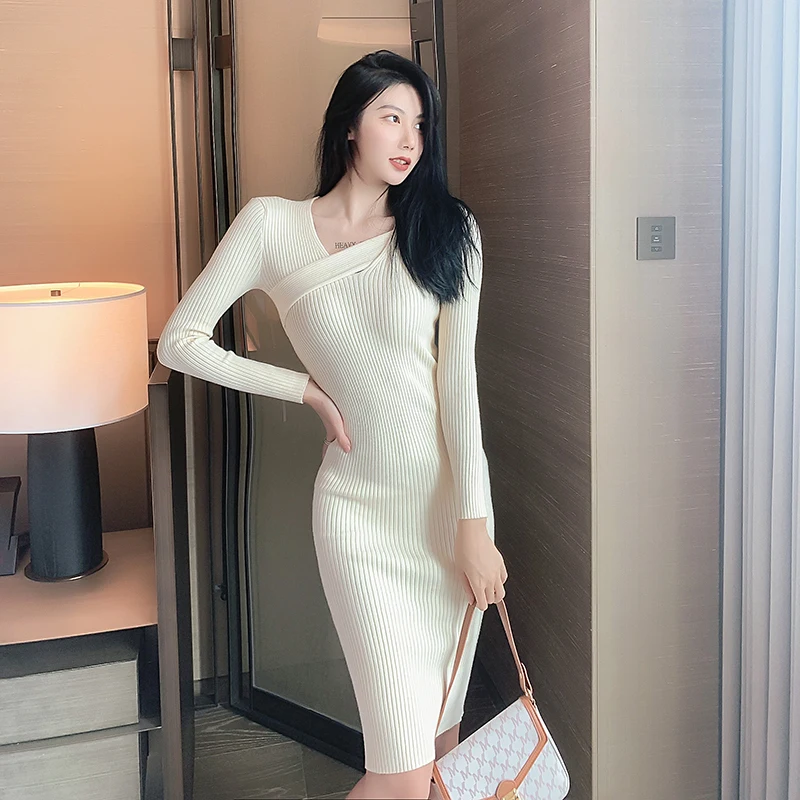

Summer New Women's Dresses V-neck Long Sleeve Solid Color Knitting High Waist Fashion Loose Female Clothing