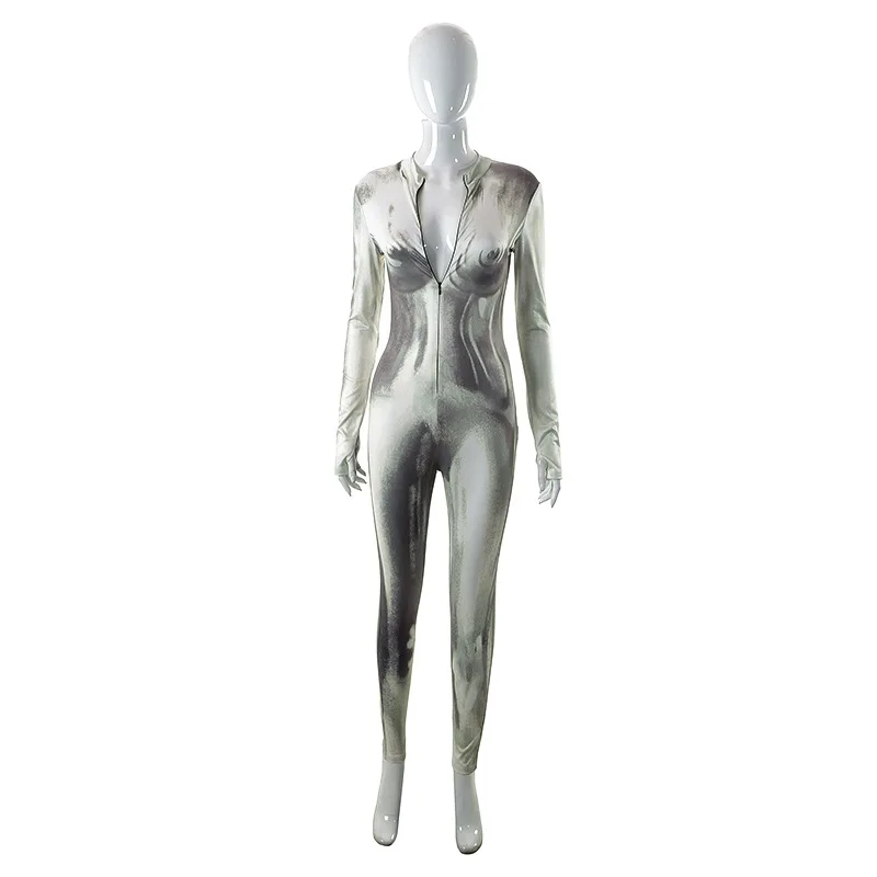 Fashion Y2K Women Clothing 2023 New Spring Summer Sexy Deep V-Neck Long Sleeve Solid Print Slim Bodycon Casual Trousers Jumpsuit