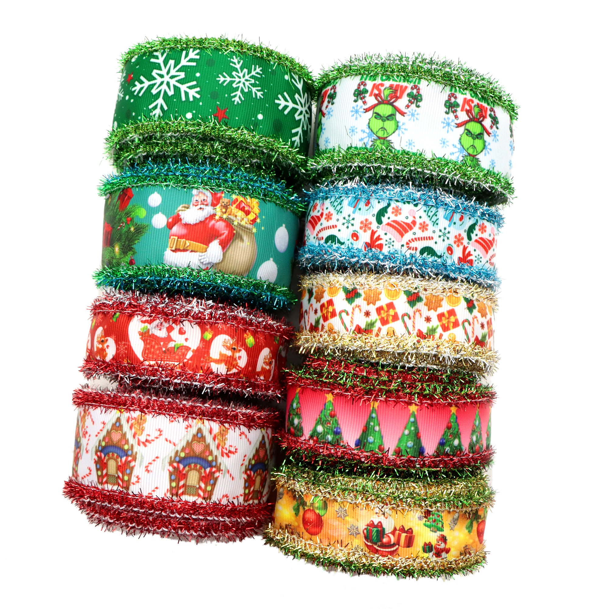 25mm 38mm 2Yard/Roll Christmas Printed Grosgrain Ribbon Metallic Tinsel Deer Tree Printed DIY Hair Bows Gift Wrapping,2Yc20456