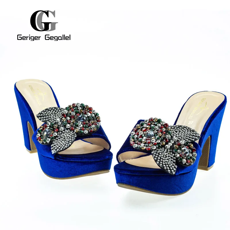 Latest Design African Women Party Pumps Decorated with Rhinestone Shoes for Wedding Women High Heels Sexy Ladies Velvet Heels
