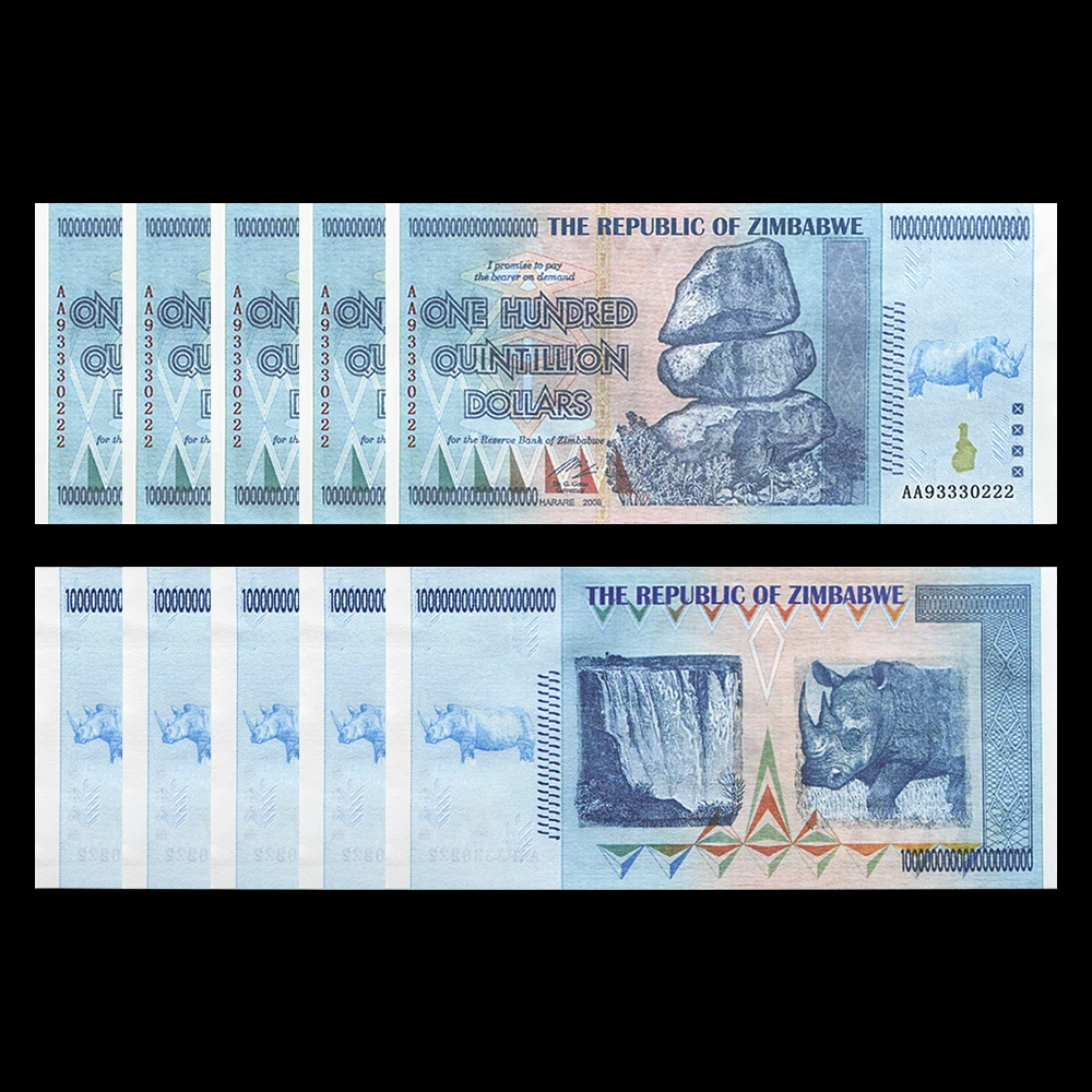 

Zimbabwe Serial Banknotes One Hundred Quintillion Paper Money with Fluorescent Effect Fans Collection Bussiness Gift