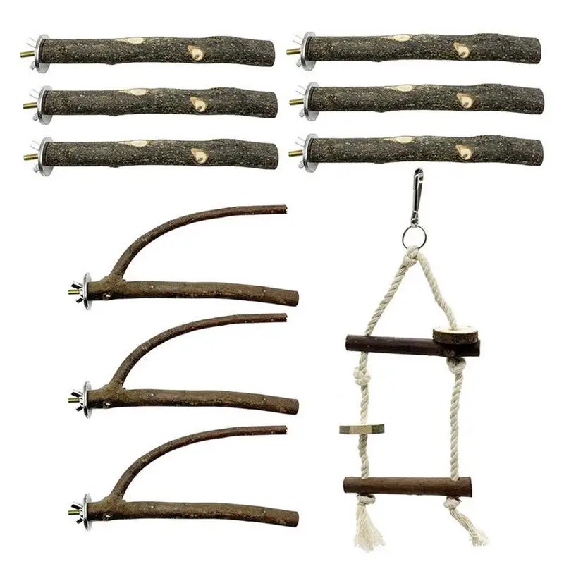 

10pcs Bird Parrot Perch Stand Set Wooden Tree Branch Stand Swing Stand For Bird Cage Accessories Toy Set Wooden Bird Supplies