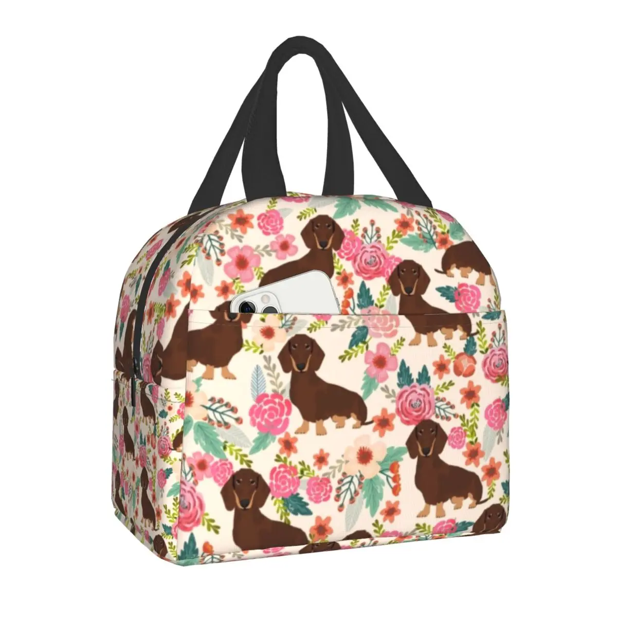 

Dachshund In Florals Insulated Lunch Bag for Women Waterproof Wiener Sausage Dog Thermal Cooler Lunch Tote Kids School Children