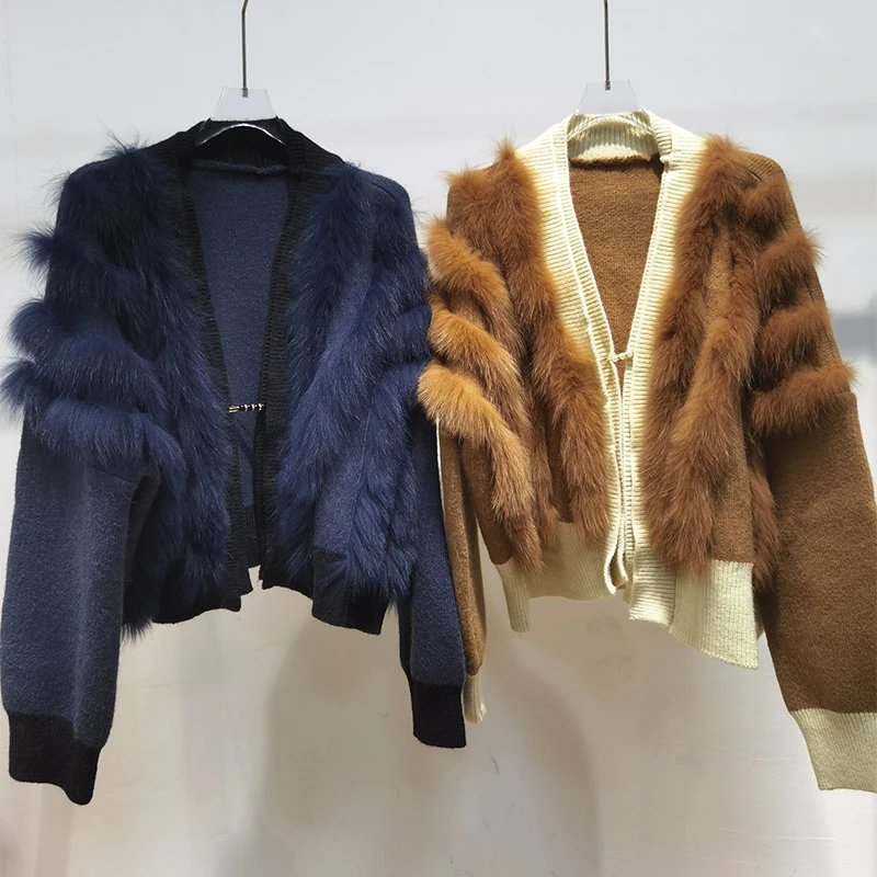 2022 New Arrival Women Real Fox Fur Knitting OverSize Loose Spring Fox Fur Decoration Lady's Fashion Autumn Luxury Sweater Coat
