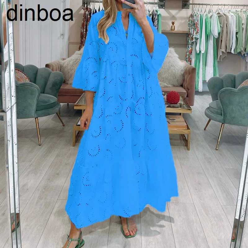 

Свободное однотонное женское вечернее платье 2023, французское кружевное ажурное красивое платье с завязкой на подоле, элегантное женское длинное платье с расклешенным рукавом и V-образным вырезом