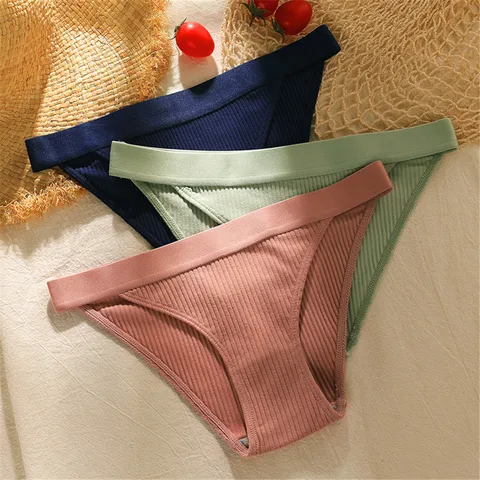 100% Ribbed Cotton Panties Women Briefs Pack Ladies Low Waist Antibacterial Underwear Student Girls School Underpants