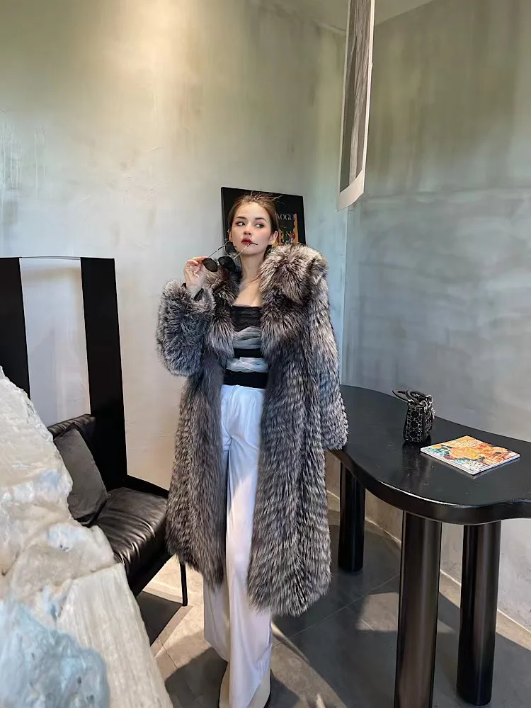 Genuine Silver Fox Fur Coat Women Winter Luxury Female Natural Silver Fox Fur Jacket Long Sleeve Real Silver Fox Fur Coat With H