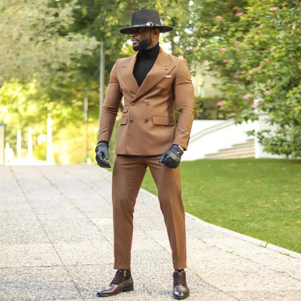 

Caramel Male Suit Blazer Peaked Lapel Men's Tuxedos Double Breasted Wedding Groom Wear 2 Pieces Clothing Prom Jacket And Pants