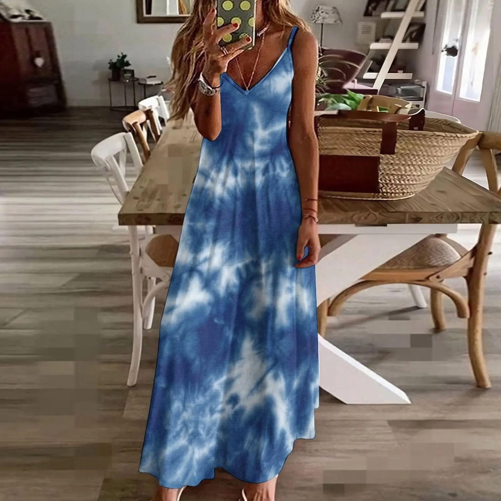 Синий батик Tie Dye Shibori этническое текстильное платье без рукавов с художественным