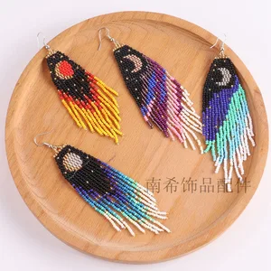 Rice Bead Earrings  Hand weaving  Beading  Pearl rice  starry sky  Sun and moon  Retro  Bohemia  geometry ma'am  Tassel Earrings