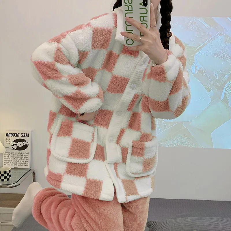 Yasuk Autumn Winter Cute Women's Casual Lovely Sweet Plaid Warm Soft Sleepwear Loose Pajamas With Pants Flannel Pullover Pink