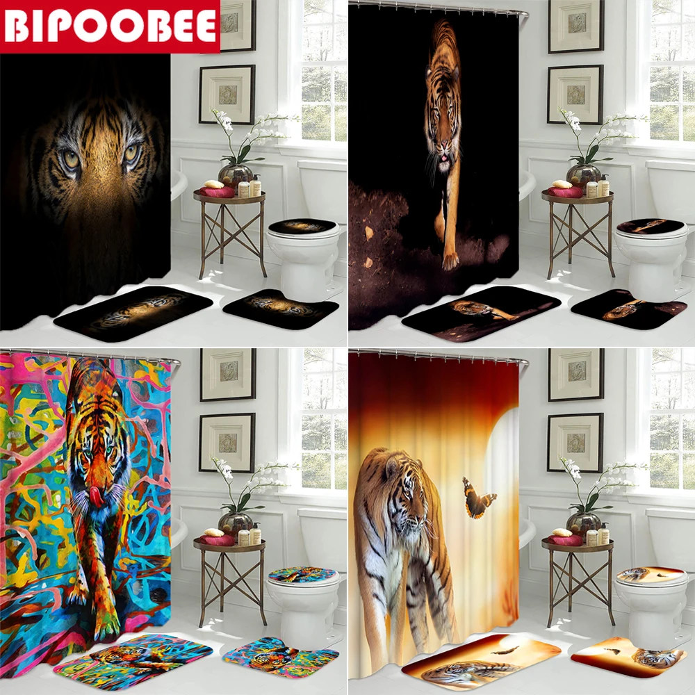 

Forest Tiger 3D Shower Curtains Set Bathroom Decor Waterproof Curtain Bath Mat Toilet Cover Non-slip Carpet Pedestal Rugs