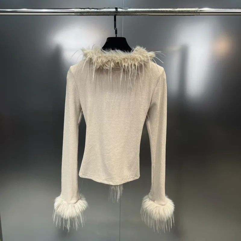 

BORVEMAYS 2023 Spring Summer New Fashion Trend V Neck Long Sleeve Solid Color Feathers Knitting Personality Sweater Women