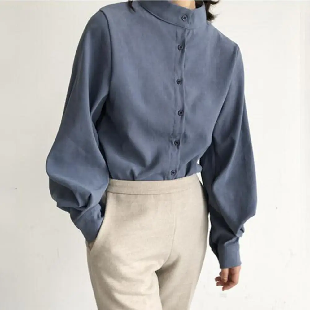 

Women Shirt Lantern Sleeves Elegant Stand Collar Casual Solid Color Versatile Long-sleeved Women Shirt Blouse Top for Women