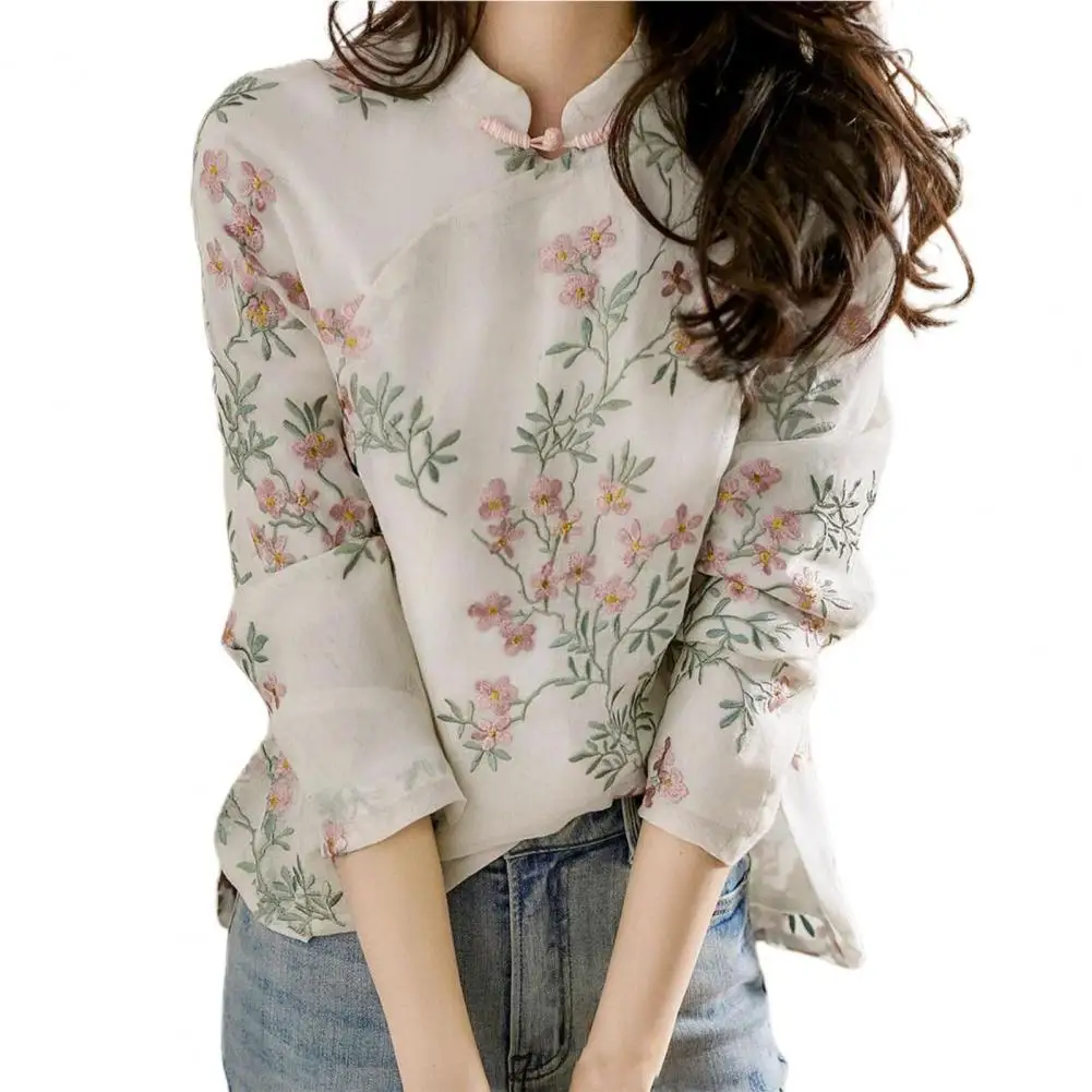 

Vintage Women Spring Blouse Retro Breathable Long Sleeve Pullover Mandarin Collar Cheongsam Top Shirt for Daily Wear