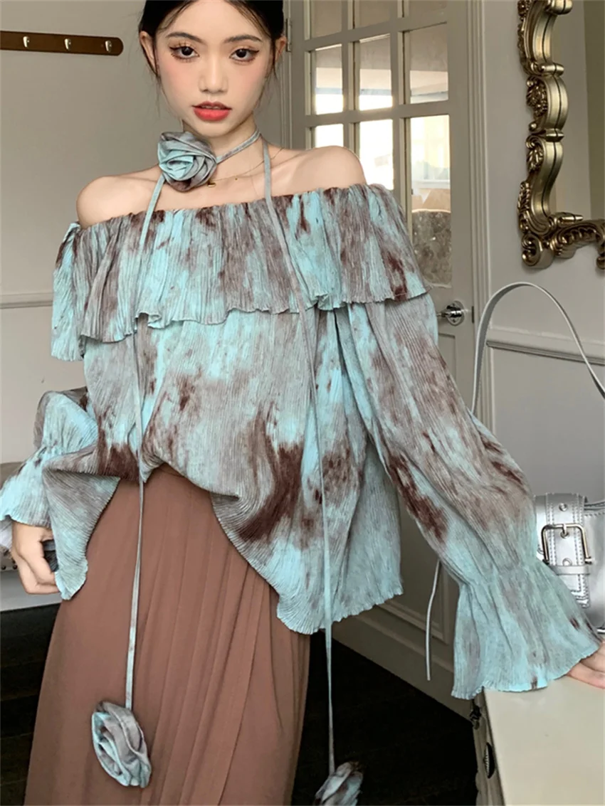 Блузка женская в стиле ретро с оборками длинным рукавом и воротником-лодочкой