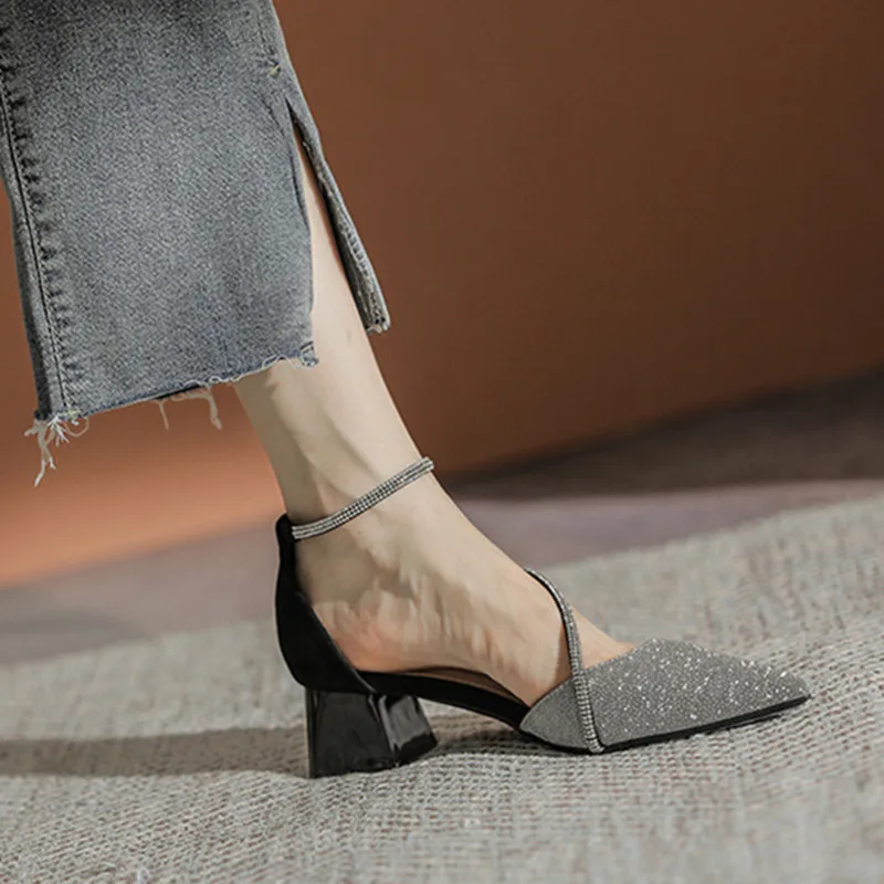 Women Sandals Pointed-toe Blingbling Summer Pumps For Woman Office Shoes Med Heels Chunky Heel Female Party Shoes 4cm High Heels