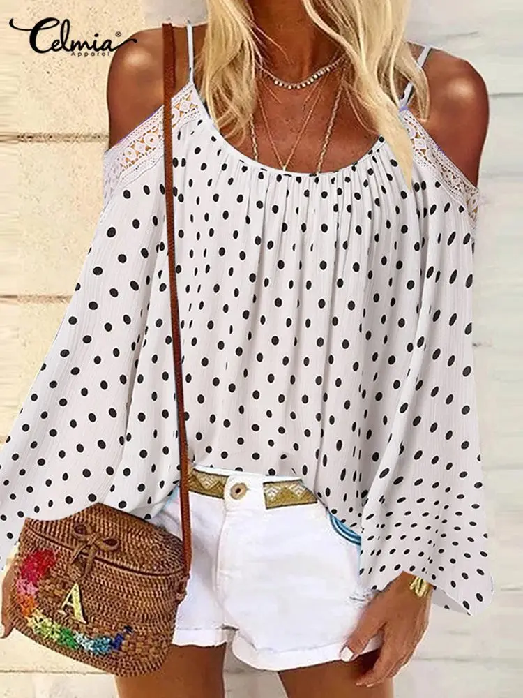 Celmia женская модная блузка с круглым вырезом летние топы в горошек на бретельках