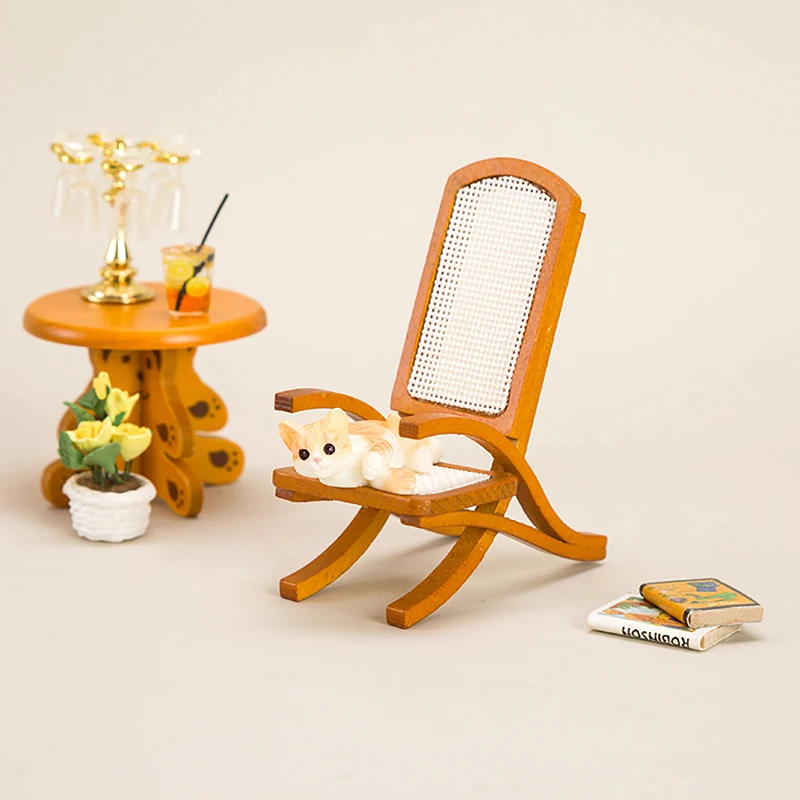 

1 шт. 1/12 миниатюрный домик для кукольного отдыха в стиле ретро, кресло из цельной древесины из ротанга, модель миниатюрной мебели, игрушечные аксессуары