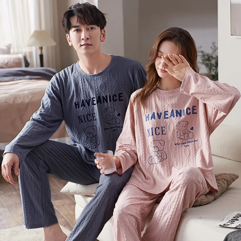 Autumn Long SLeeping Tops Trouser Couples Pajamas Set Cotton Men Nightwear Plus Size Women Pijamas Suit Man Female Home service