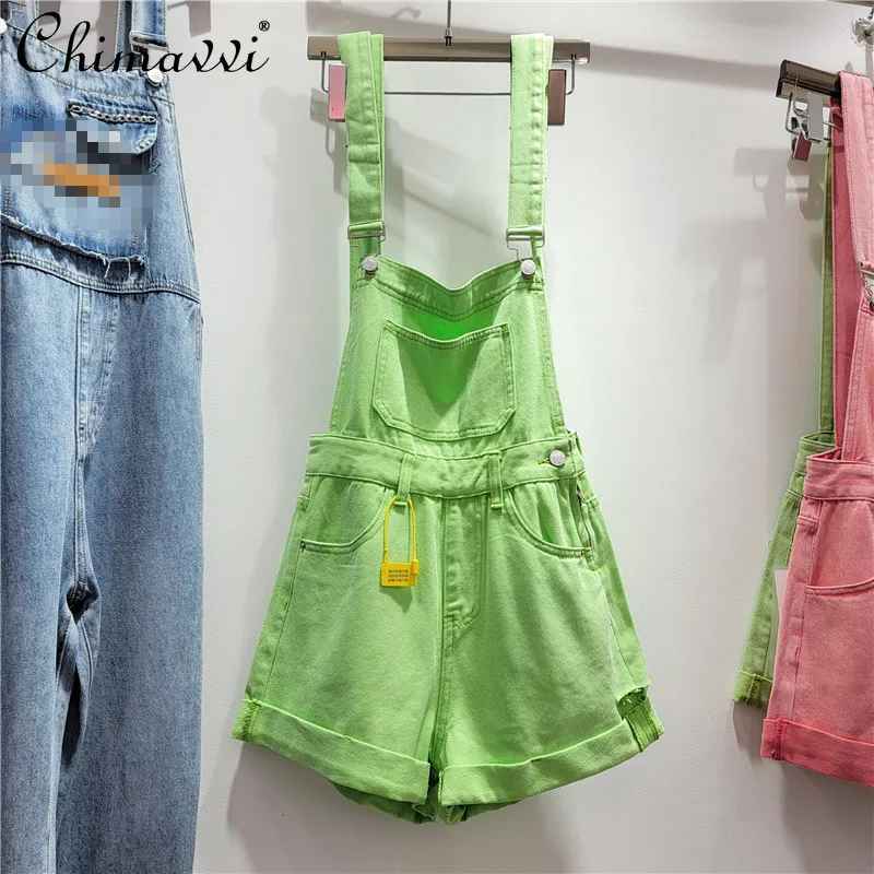 

2022 Summer New Fashion Grass Green Curling Denim Brace Shorts Women's Casual All-Match and Sweet Women's Jean Short Pants