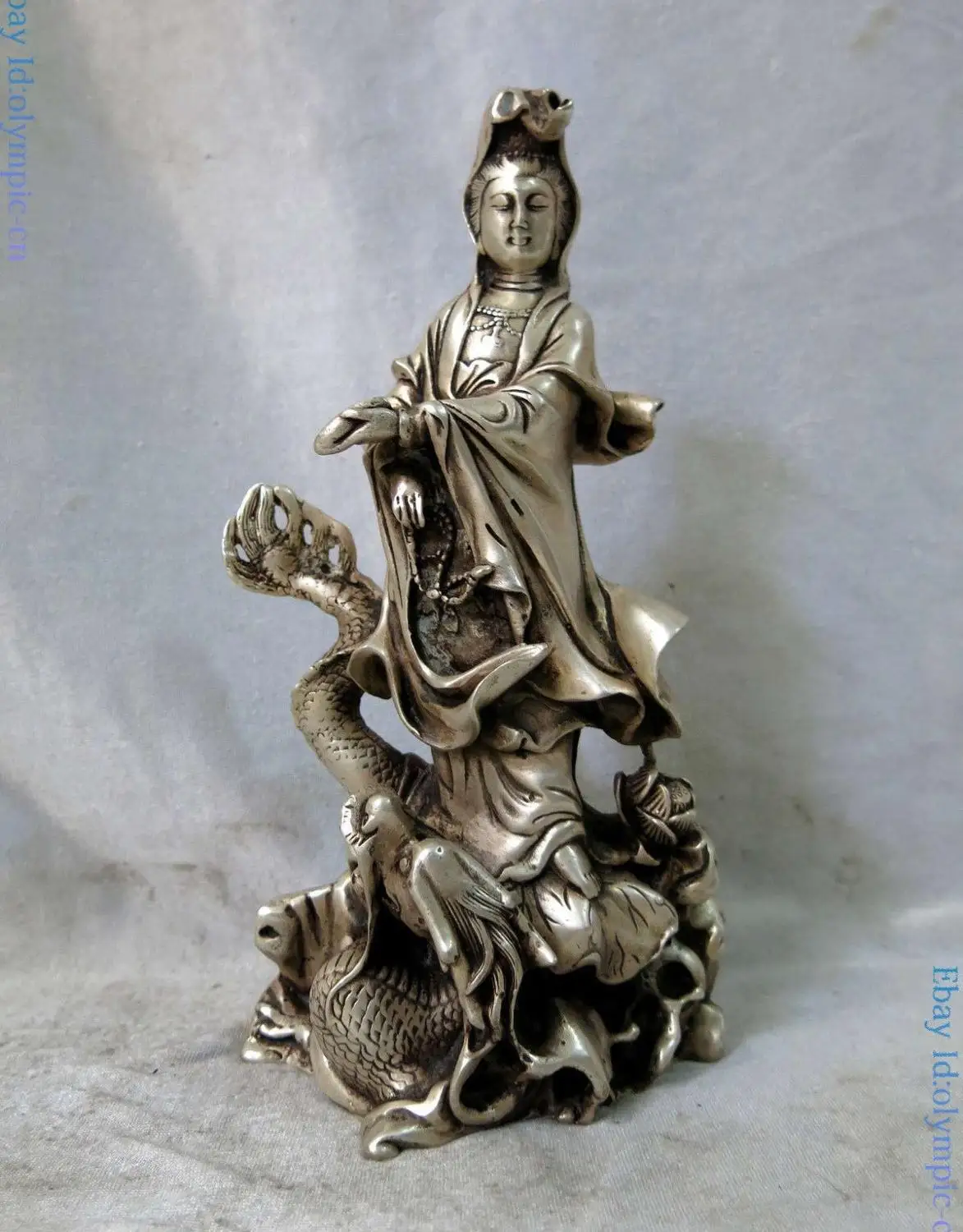 

Silver sculpture China carved dragon buddhism Kwan-yin Bodhisattva Buddha Statue