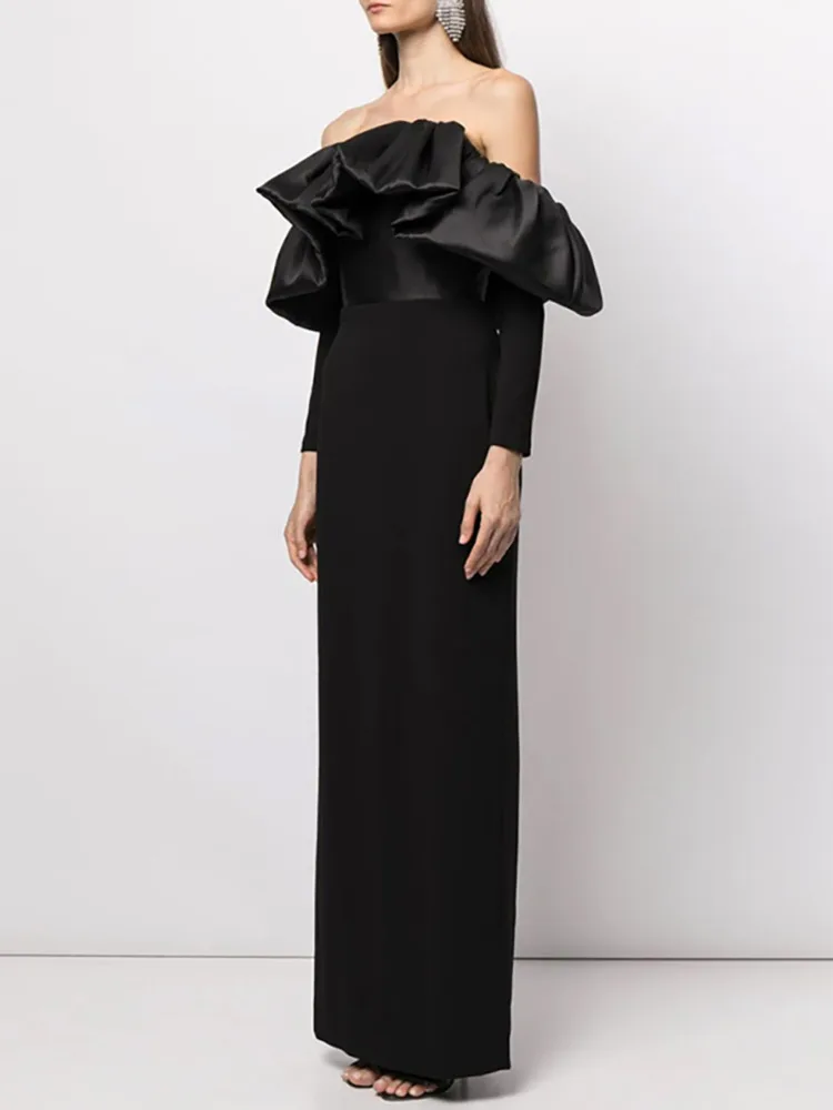 Женское атласное платье без бретелек DEAT элегантное лоскутное с длинным рукавом и