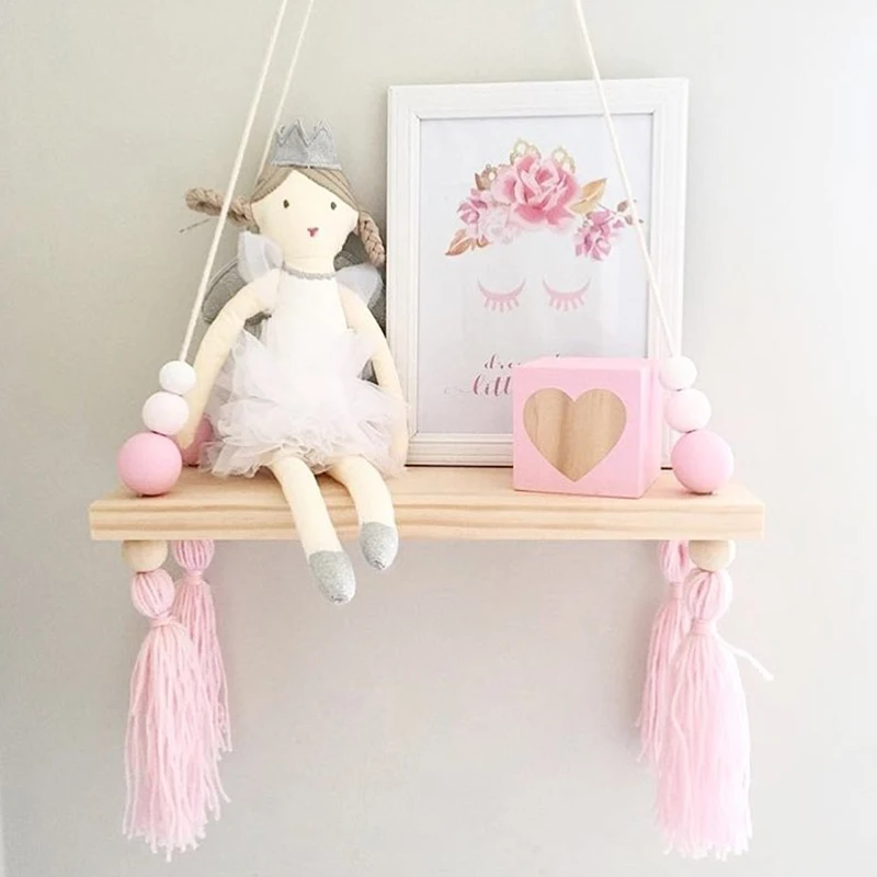 Настенная деревянная полка в скандинавском стиле с цветными бусинами и