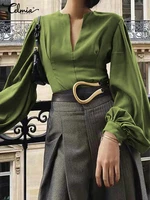 women 2022 autumn elegant sheath shirts celmia fashion lantern sleeve office lady blouses sexy v neck solid color pleated tops