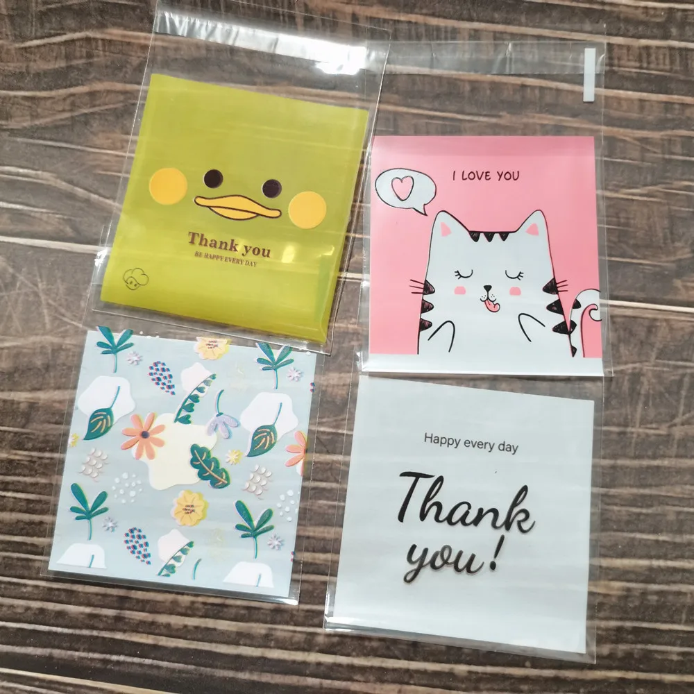 

100pcs/lot Flower Pattern "Thank you" Cookie packaging bags 7x7cm small gift bag self adhesive plastic bags Wedding Candy bag