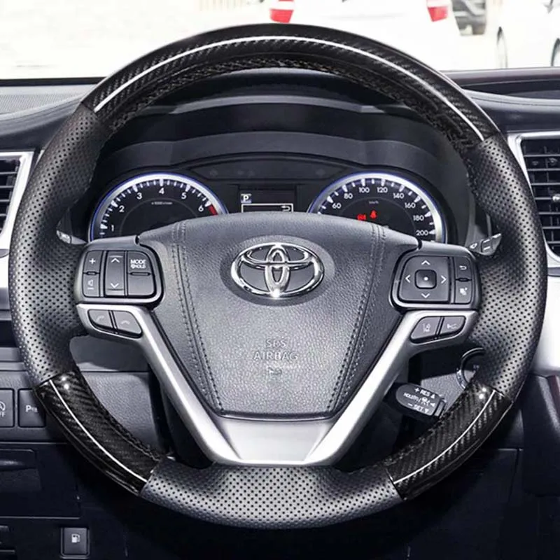 

Hand-stitched high-quality Black carbon fiber Genuine Leather Car Steering Wheel Cover for Toyota Highlander Sienna 2015-2019