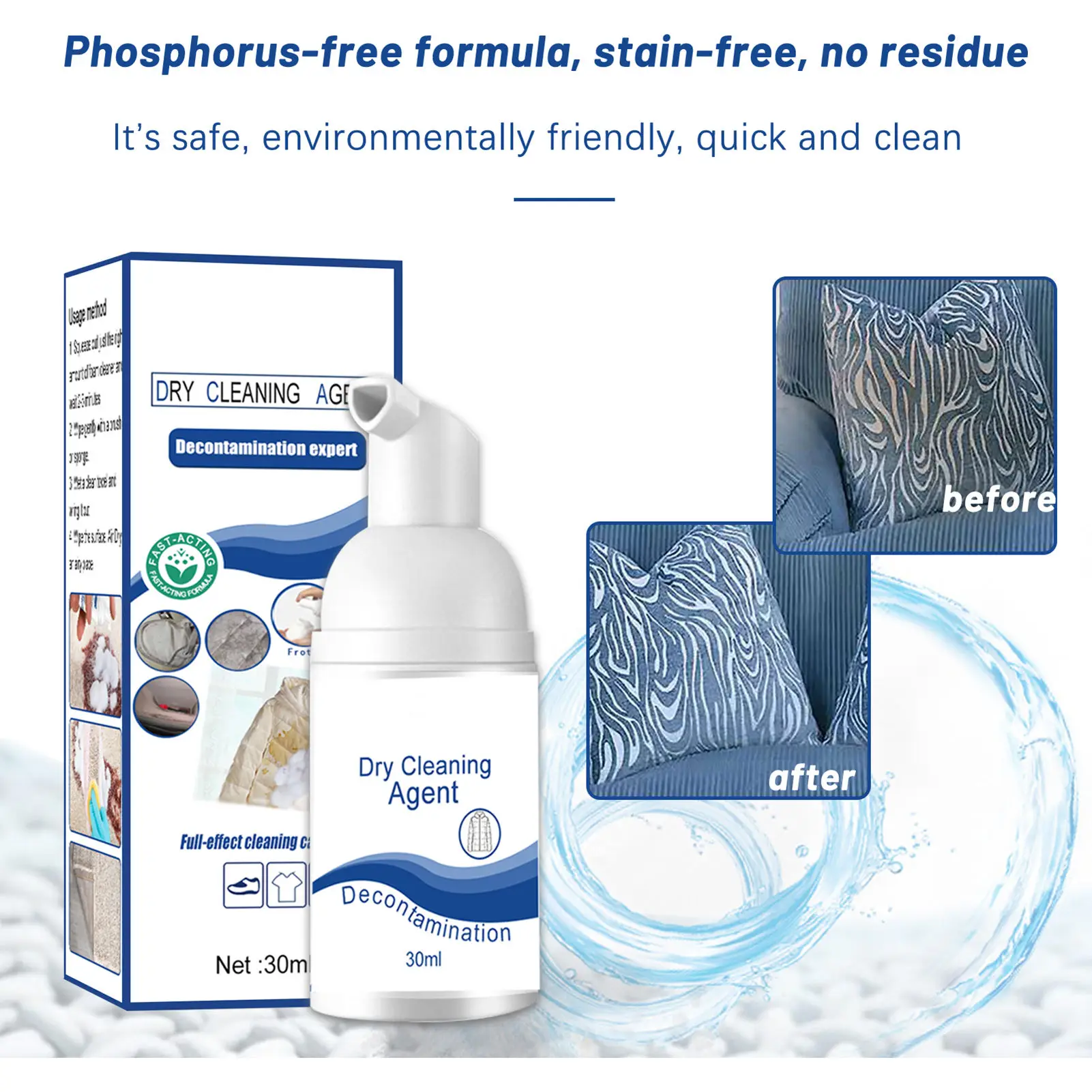 

Laundry Stain Remover Dry Cleaning Agent Downwear Detergent Cleaner Wash-Free 30ML Outwear Care Accessory Clean Effectively