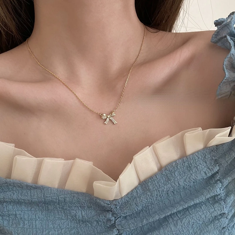 Exquisite Shining Bow Necklace Luxury Design Lovely Girl Party Necklace for Women Fashion Jewelry Accessories
