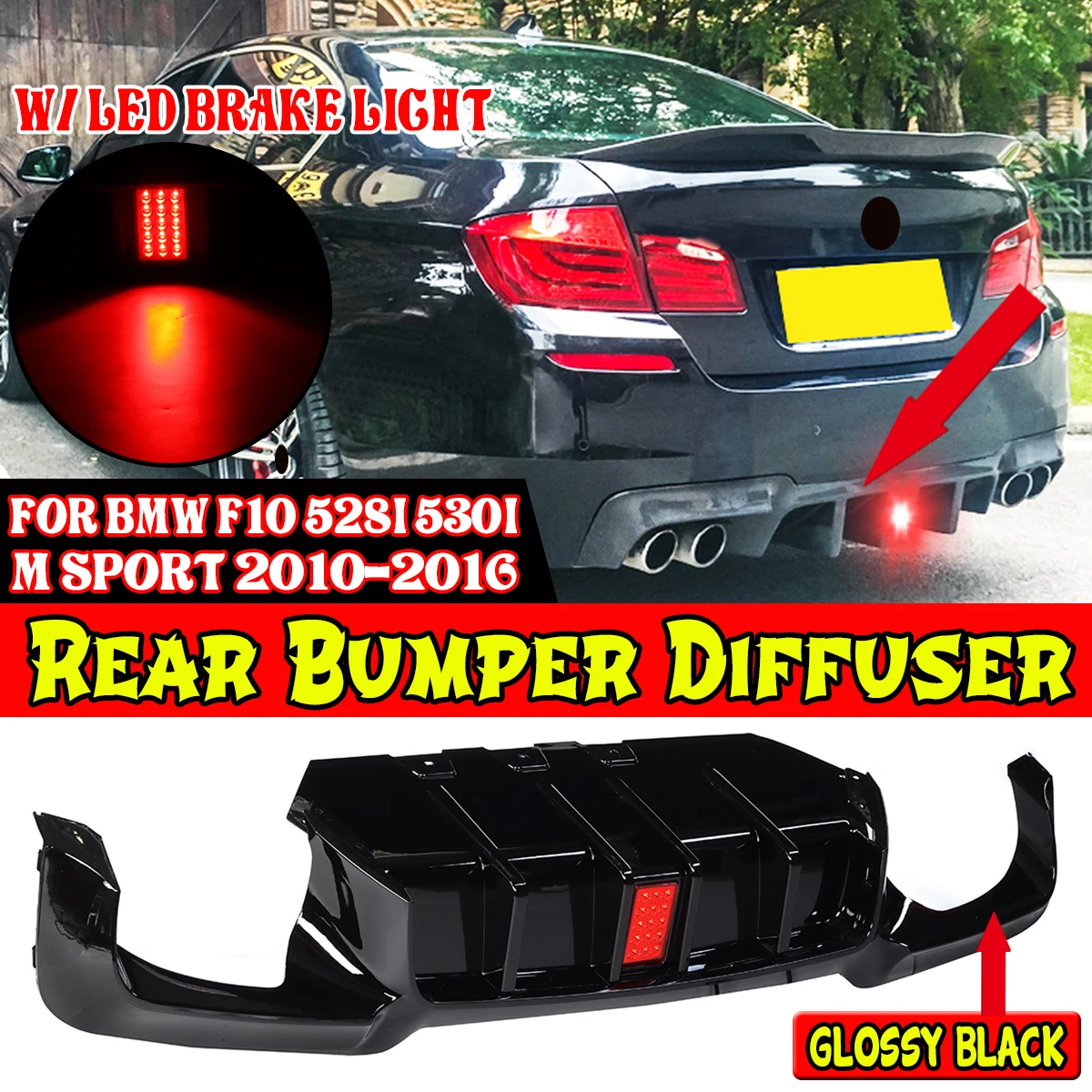 

F10 Car Rear Bumper Diffuser Lip W/ Led Brake Light For BMW F10 528i 530i M Sport 2010-2016 Rear Bumper Spoiler Lip Splitter