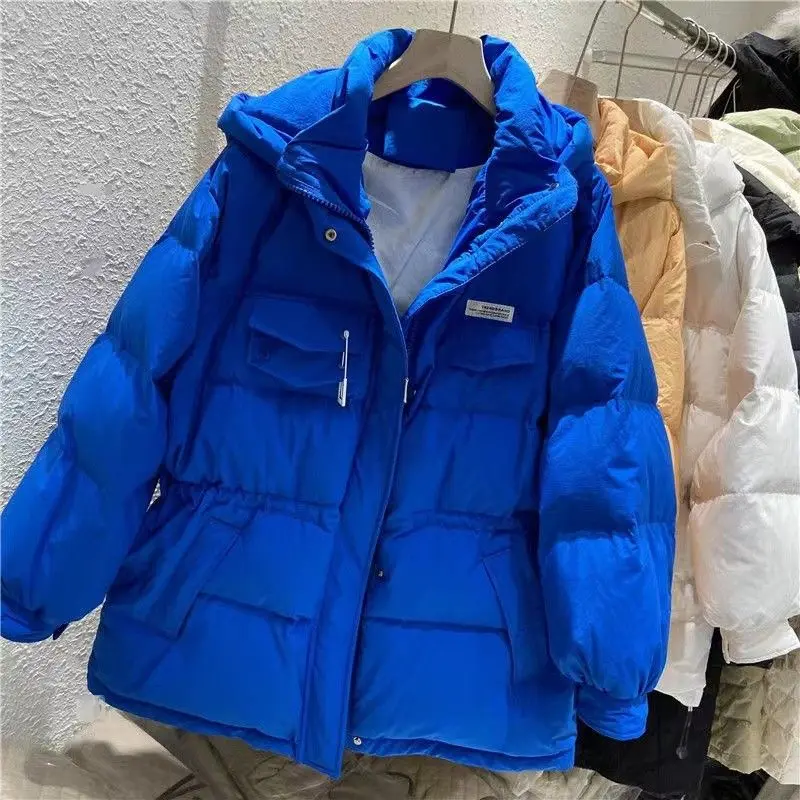 Winter Women Coat Puff Jacket Parka Long Sleeve Warm Thicker Adjustable Waist Hooded Cotton Jacket Loose Korean Fashion Coat