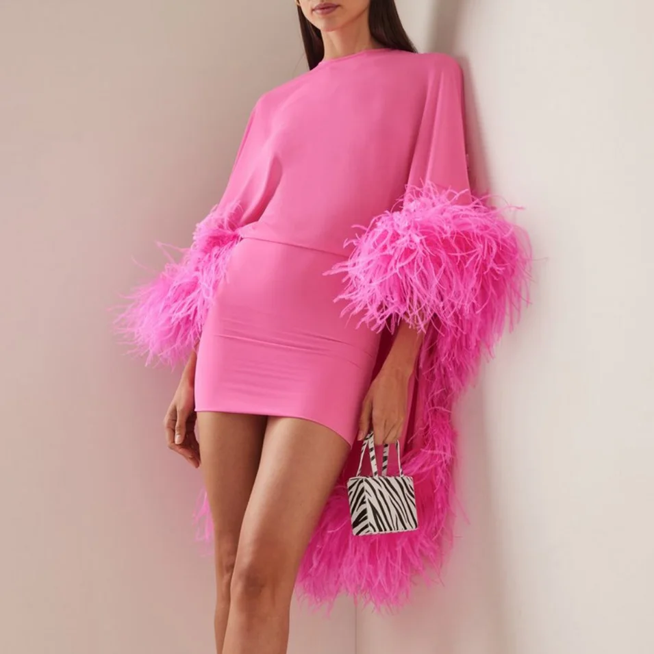 

High Neck Long Sleeve Feathers Dress Bodycon Mini Women Clothing Summer Dresses Woman 2022 Elegant Women's Dresses For Party