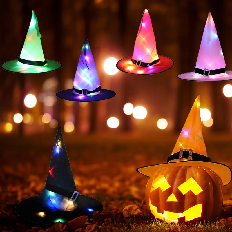 

E2 5Pcs Halloween Decoration Witch Hat LED Light Halloween Witch Hats Kids Party Halloween Props Outdoor Tree Hanging Ornaments