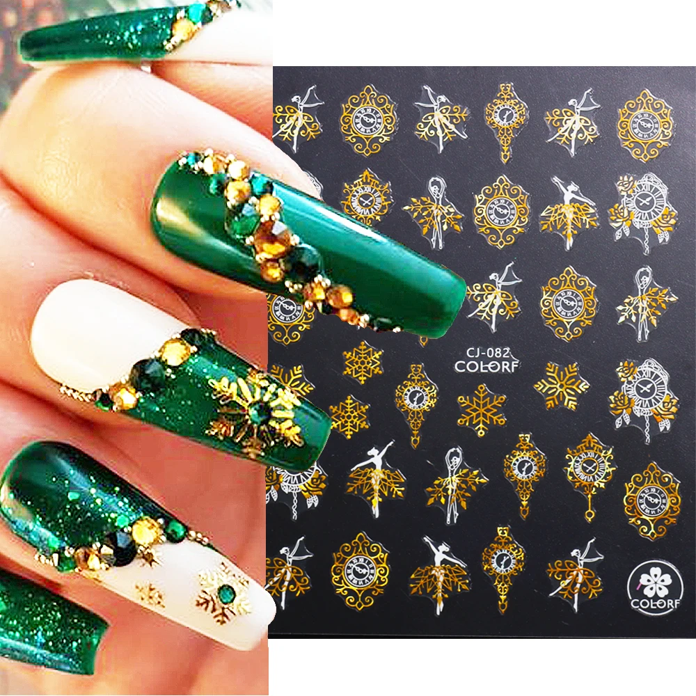 

3D Christmas Nails Stickers New Year Nail Sliders Sparkling Snowflake Clock Gold Bronzing Foil Effect Manicure Decals Decor GLCJ