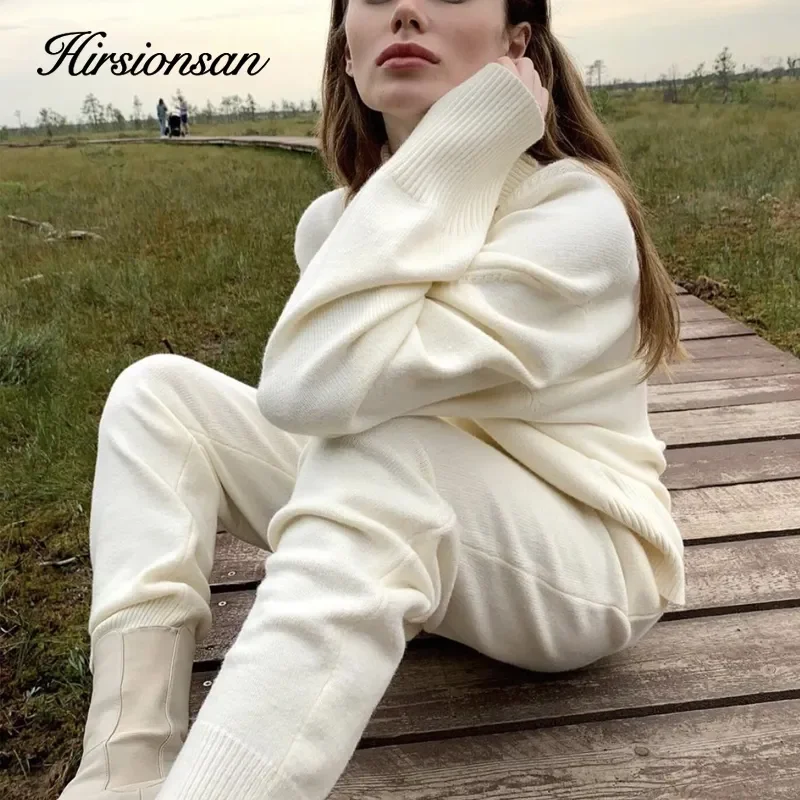 

Hirsionsan Winter Thick Women Suits 2 Pieces Female Set Tracksuit Turtleneck Sweater & Carrot Jogging Pants Soft Knitted Out