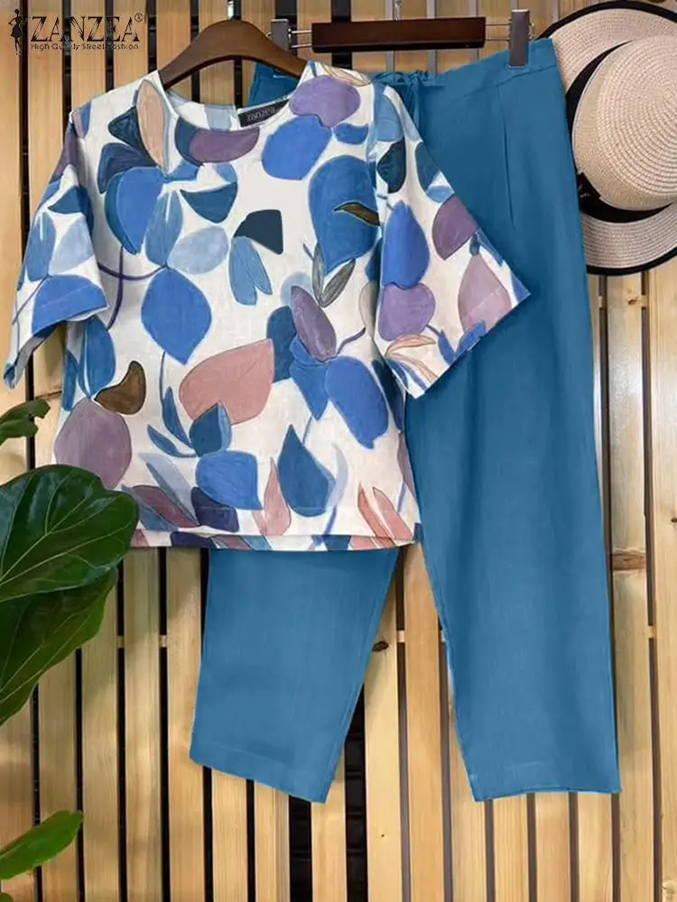 Комплект ZANZEA из 2 предметов с принтом летняя блузка коротким рукавом и цветочные