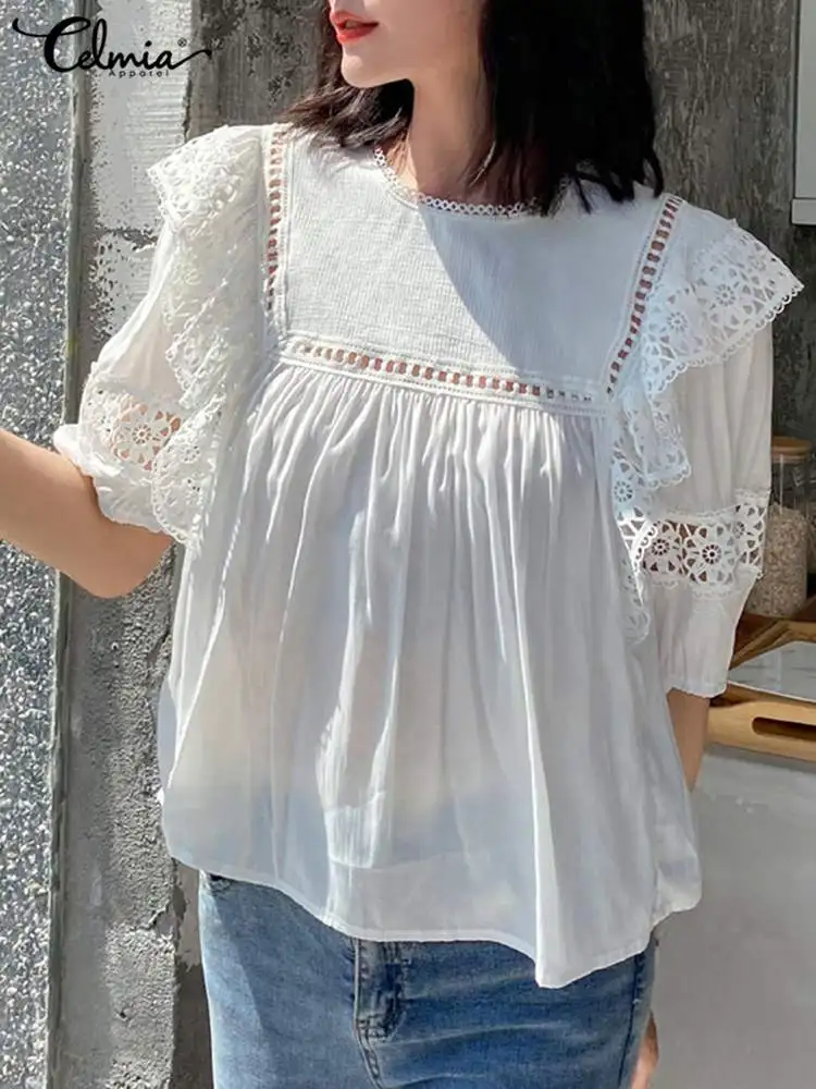 

Женские Модные ажурные блузки с коротким рукавом Celmia элегантные кружевные плиссированные блузки с круглым вырезом 2022 летние праздничные т...