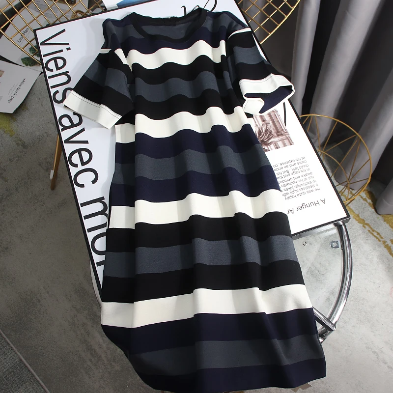 

2022 Women Summer O-Neck One Piece Short Sleeve Striped Stright T-Shirt Dress Female Casual Loose Straight Tees Office Ladies