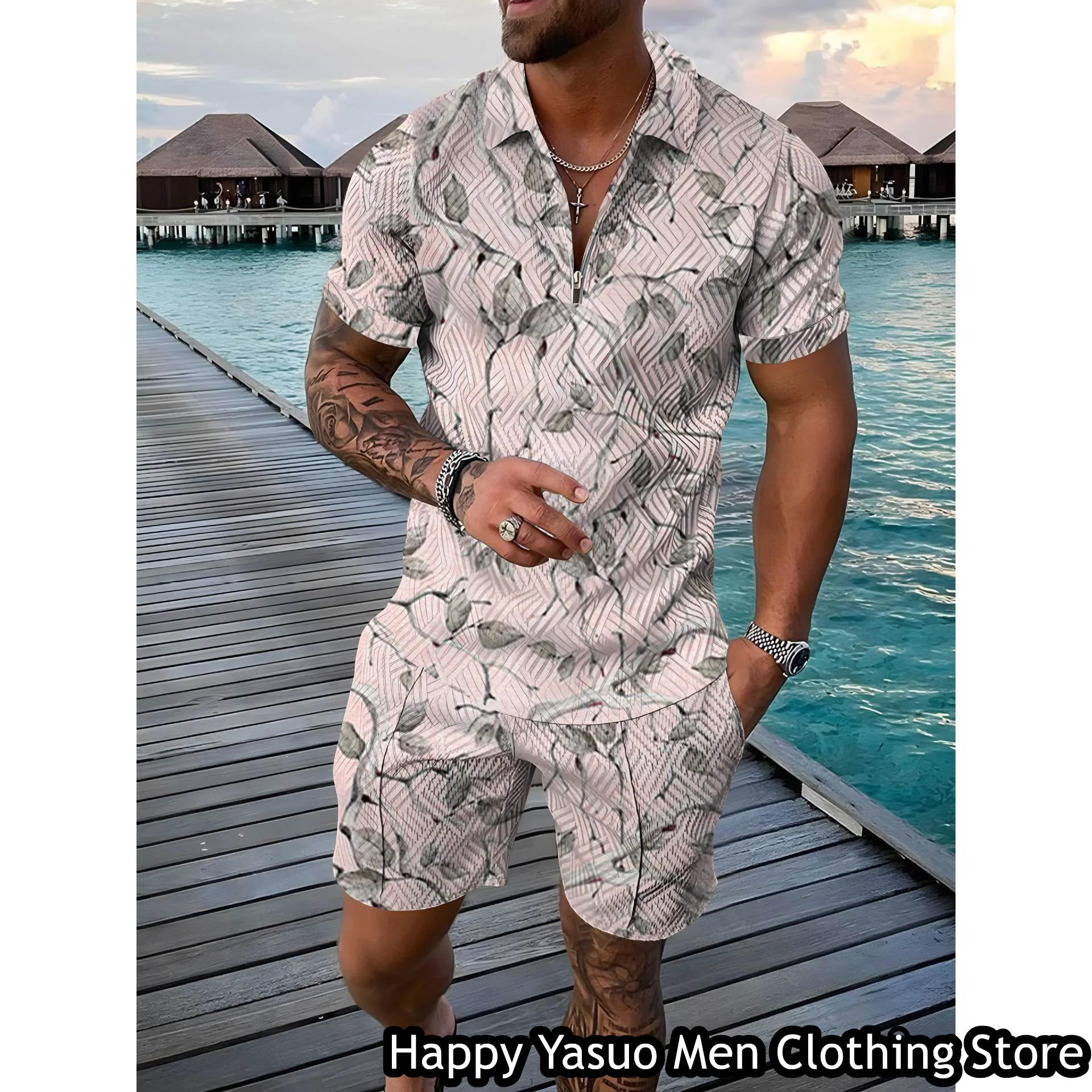 Summer Men Floral Printing Polo Shirt Shorts Man Turn Down collar Polo Set 2 Pieces Fashion Outfit Male Casual Vintage Clothing